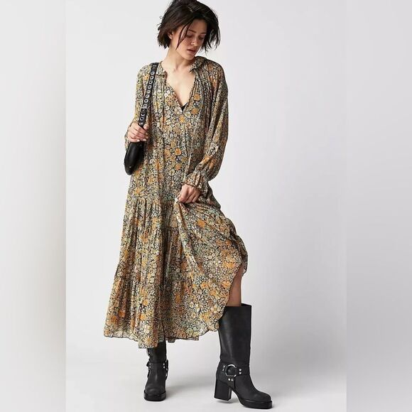 Free People-Feeling Groovie Long Sleeve Floral Maxi Dress Black Cambo Size M NWT - Picture 3 of 8